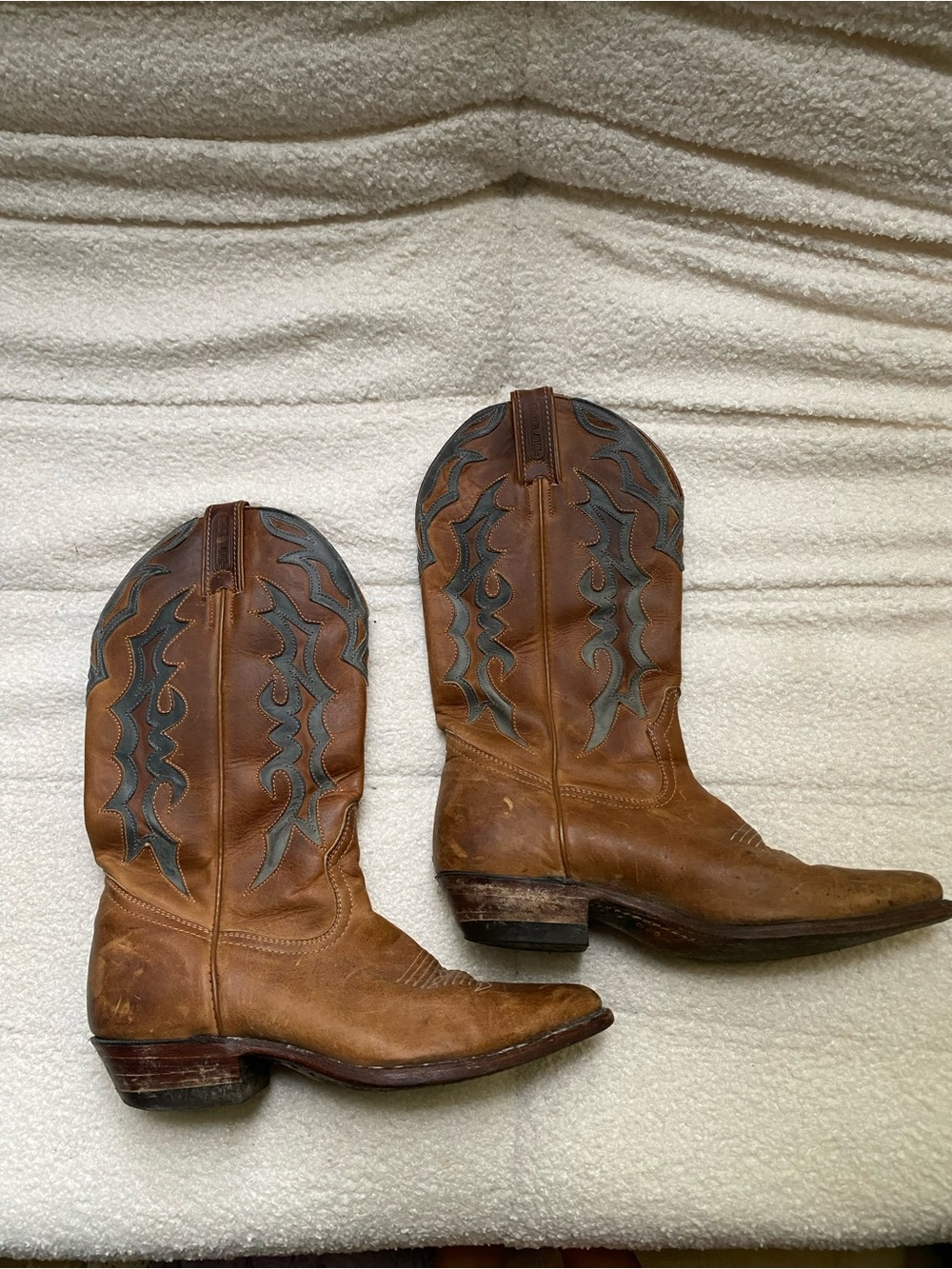 Vintage Brown Leather Heeled Cowboy Boots with Gray Flame Stitching